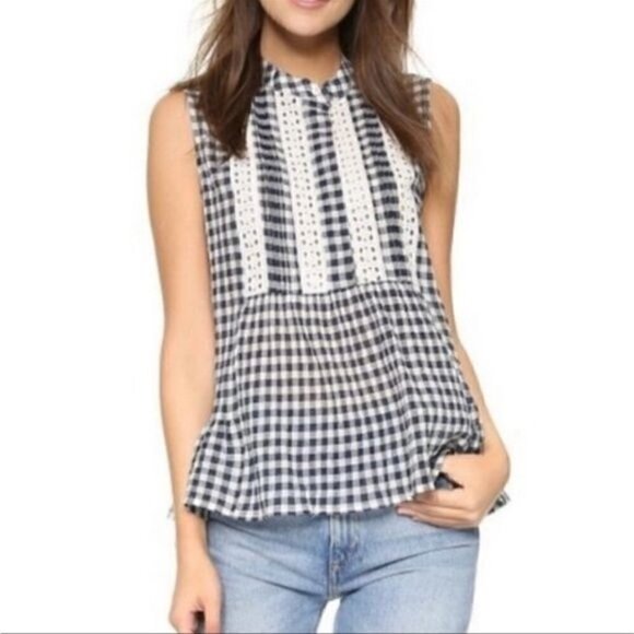SEA‎ NY Gingham Check and Eyelet Lace Sleeveless Blouse, Navy and White, Size 2 - Picture 1 of 15